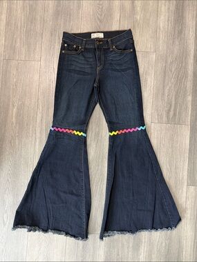Free People Dark Wash Flare Jeans with Rainbow Ric-Rac Size 28